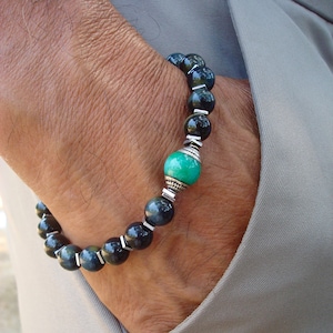 Men's Spiritual Healing, Protection, Wisdom Tibetan Bracelet with Semi Precious Blue Yellow Tiger's Eye, Tibetan Green Jade, Hematites