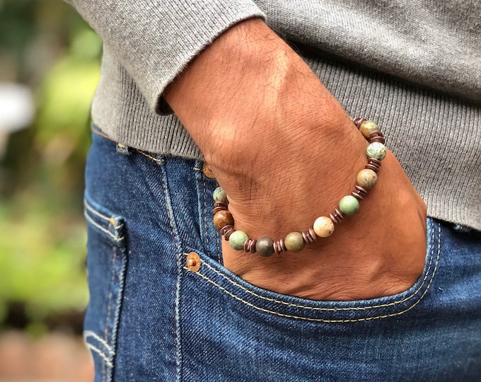 Men's Spiritual Protection and Clarity Tibetan Bracelet with Semi Precious Green Matte Opal, Hematites and Copper- Yoga Boho Man Bracelet
