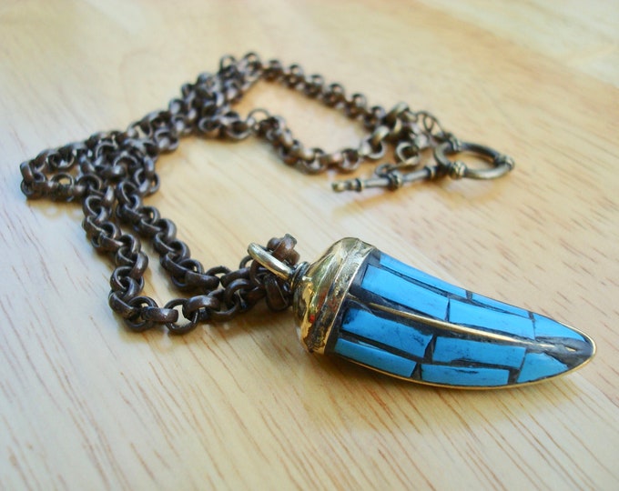 Tibetan Turquoise Tusk Horn Necklace - hand sculpted with Turquoise Mosaic and Brass Capped, Antique Solid Brass Link Chain  - Spiritual Man