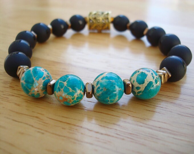 Men's Spiritual Healing Protection, Good Fortune, Balance Bracelet - Semi Precious Matte Onyx, Aqua Turquoise Jasper, Hematites - Boho Man
