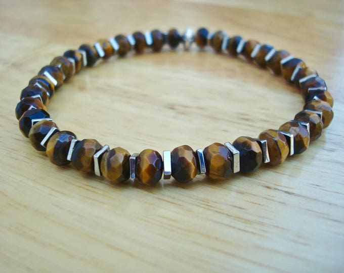 Men's Minimalist Spiritual Protection and Good Fortune Bracelet with Semi Precious Faceted Tiger's Eye, Hematite and Bali Bead