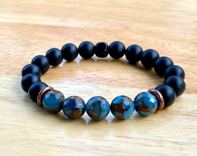 Men's Spiritual Healing, Prosperity, and Meditation Bracelet with  Faceted Aqua Aura Quartz and Sandstone Mosaic, Black Matte Onyx, Copper