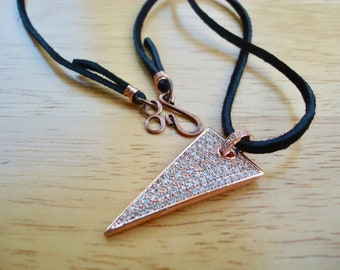 Men's Subtle Necklace with Arrowhead Micropave CZ on Rose Gold, Black Leather Cord, Hand Crafted Wire Wrapped Clasp - David Beckham Necklace