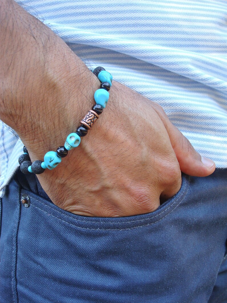 Men's Skull Bracelet With Semiprecious Onyx Turquoise Etsy