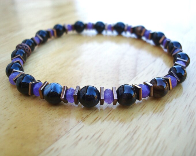 Men's Minimalist Fortune , Serenity Bracelet with Semi Precious Onyx, Bronze Hematites, Violet Jade, Filigree Copper- David Beckham Bracelet