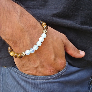 Spiritual Protection, Healing and Fortune Bracelet with Semi Precious Moonstone, Tiger&#39;s Eye and Brass Beads - Bohemian Spiritual Bracelet