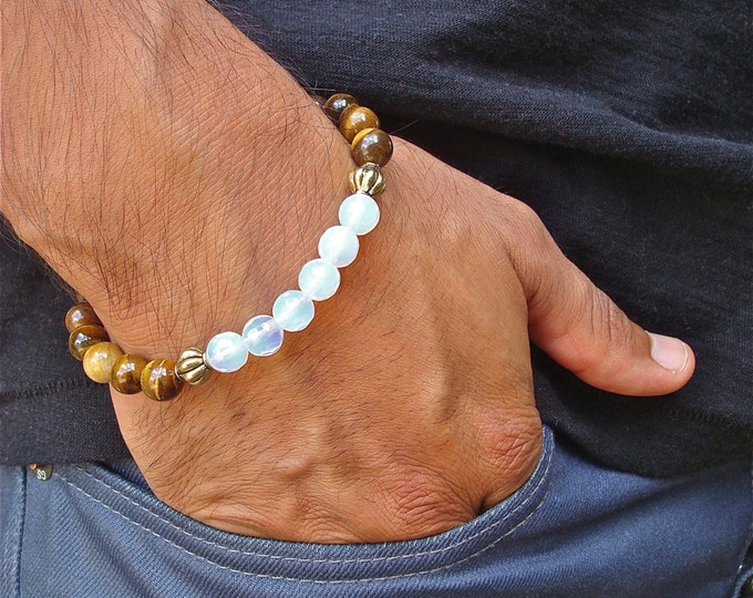 Spiritual Protection, Healing and Fortune Bracelet with Semi Precious Moonstone, Tiger's Eye and Brass Beads - Bohemian Spiritual Bracelet