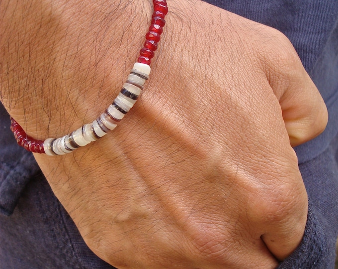 Men's Spiritual Love Bracelet with Semiprecious Red Garnet, Shell and Bali Bead - Minimalist Man Bracelet - David Beckham Bracelet