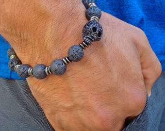 Men's Rocker Bracelet with Skull Black Cubic Zirconia in Micro Pave Setting, Jet color Metal, Black Lava, Gunmetal Rondelles,  Carved Wood