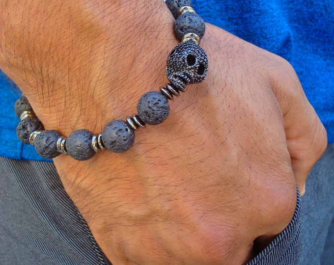 Men's Rocker Bracelet with Skull Black Cubic Zirconia in Micro Pave Setting, Jet color Metal, Black Lava, Gunmetal Rondelles,  Carved Wood
