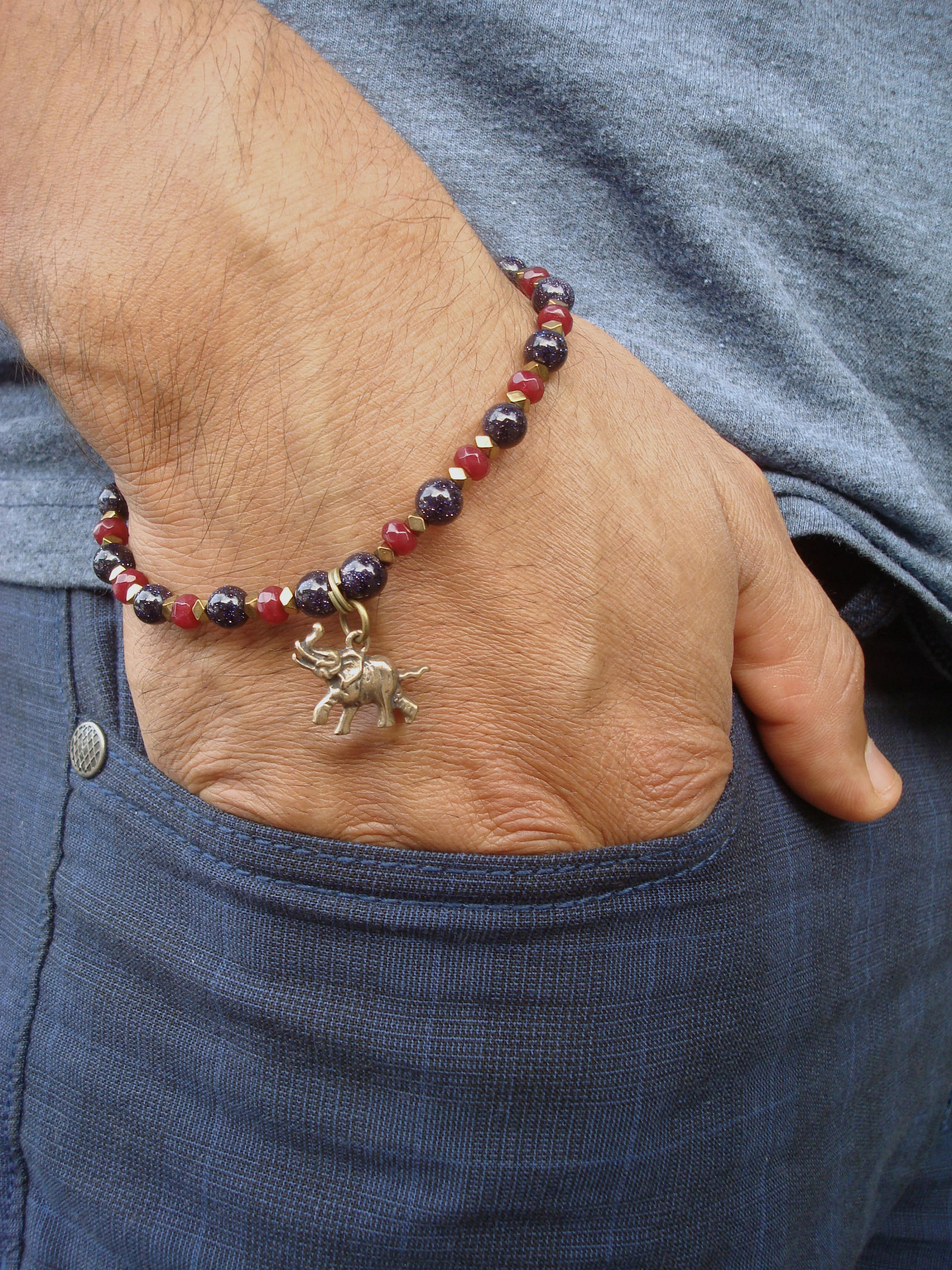 Men's Minimalist Spiritual Protection, Love, Fortune Bracelet Semi Precious  Red Garnet, Blue Aventurine, Hematites, Brass Elephant Charm 