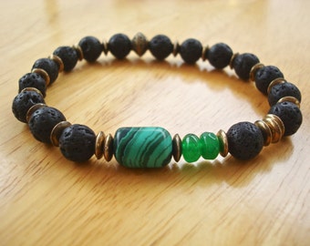 Men's Spiritual Protection, Wisdom Courage Bracelet with Semi Precious Green Jade, Malachite, Black Lava Brass - Serenity, Fortune Bracelet