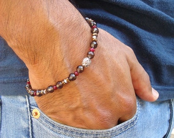 Men's Minimalist Spiritual Healing, Commitment and Protection Bracelet Semi Precious Smoky Quartz, Hematites, Garnet- David Beckham Bracelet