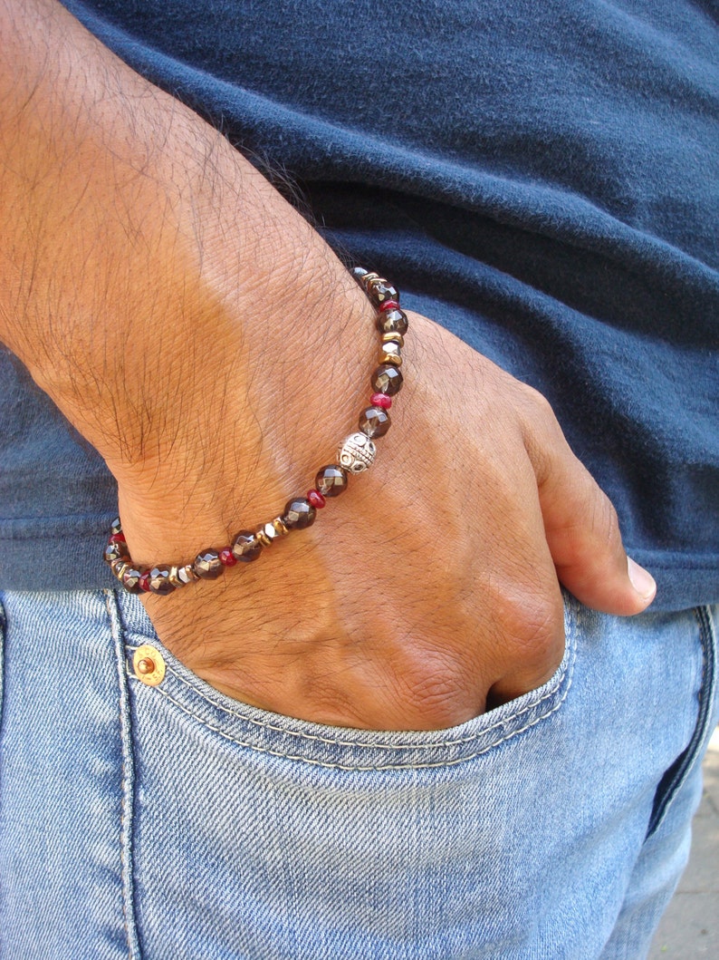 Men's Minimalist Spiritual Healing, Commitment and Protection Bracelet Semi Precious Smoky Quartz, Hematites, Garnet David Beckham Bracelet image 1