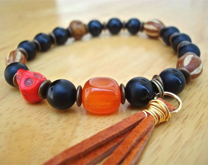 Men's Love and Fortune Bracelet with Semi Precious Onyx, Carnelian, Brazilian Carambola Seeds, Wire Wrapped leather Tassel, Howlite Skull