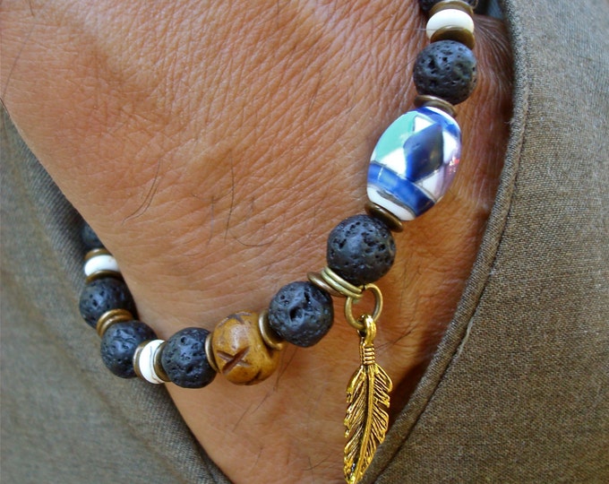 Native American Men's Bracelet with Lava, White Turquoise, Carved Bone, Feather Charm, Ceramic Bead with Native American Art, Wood, Brass