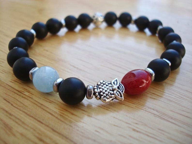 Fortune Men/'s Spiritual Protection Black Onyx Carnelian Hematites Bali Owl Tranquility Owl Wisdom Bracelet Semi Precious Aquamarine