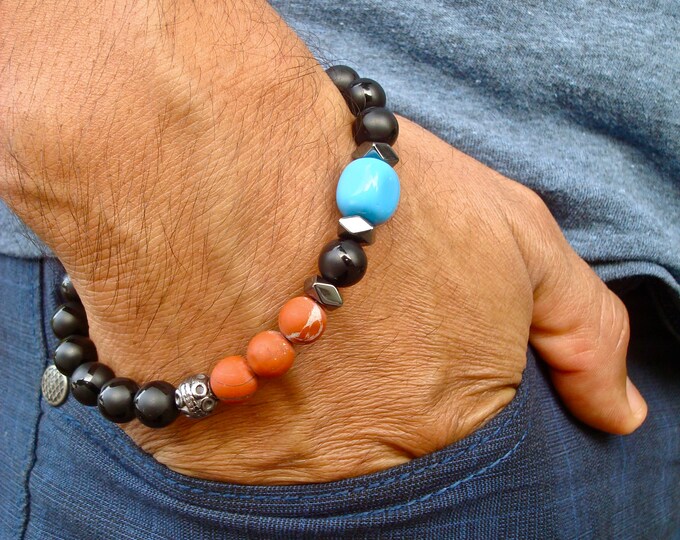 Men's Spiritual Healing, Fortune, Strength Bracelet - Semi Precious Matte Terracotta Jasper, Black Onyx, Blue Geometric Jasper, Hematites