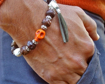 Men's Bracelet with Terracotta Jasper and Hand Carved Skull Howlite, Wood and Bone, Leather Tassel Charm, Steampunk Man Bracelet