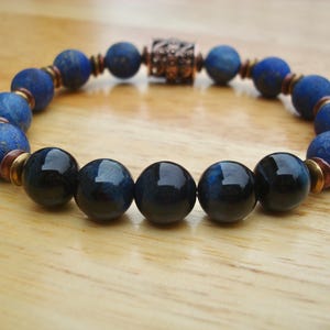 Men's Spiritual Healing, Harmony, Fortune Bracelet with Semi Precious Matte Lapis Lazuli, Hawks Eye or Blue Tiger's Eye, Boho man Bracelet