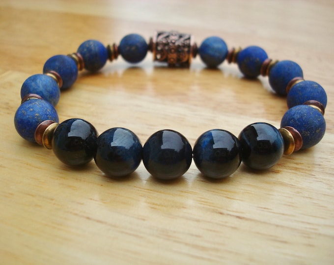 Men's Spiritual Healing, Harmony, Fortune Bracelet with Semi Precious Matte Lapis Lazuli, Hawks Eye or Blue Tiger's Eye, Boho man Bracelet