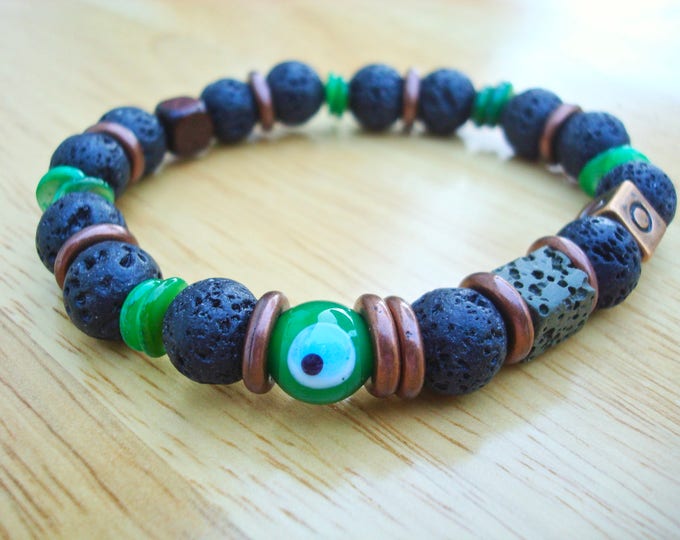 Men's Spiritual Strength, Evil Eye Protection Bracelet with Green Nazar Boncugu Bead, Green Shell, Black Lava, Olive Tone Lava Cube, Copper