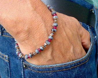 Men's Spiritual Healing, Protection, Serenity, Transformation Bracelet with Semi Precious Speckled Labradorite, Ruby Jade, Hematites, Boho