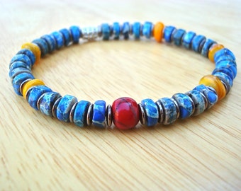 Men's Spiritual Protection, Balance Bracelet with Semi Precious Cobalt Imperial Jasper, Mango Color Shell, Red Resin, Gunmetal and Bali Bead