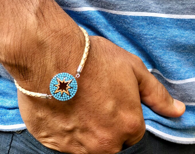 Flair and Subtle Men's Bracelet - Stunning Micro Pave Turquoise inside Rose Gold Tone Focal Star, Braided Adjustable Leather Cord Nude Tone