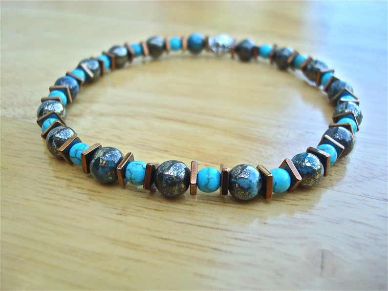 Minimalist Bracelet Spiritual Healing, Luck, Protection, Truth with Semi Precious Peacock Ore/Chalcopyrite, Turquoise and Bronze Hematites image 3