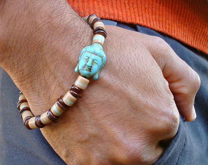 Men's Tibetan Spiritual Bracelet with Carved Tibetan Buddha Turquoise, Recycled Glass and Shell - Tibetan Man Bracelet
