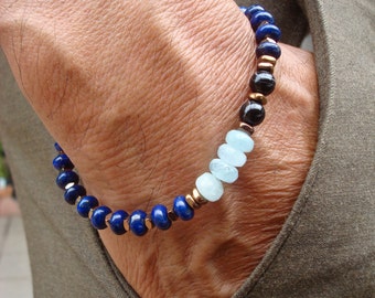 Herrenschutz gute Glücks-Armband mit Semi Precious Aquamarin, Lapis Lazuli, Onyx, Hematites