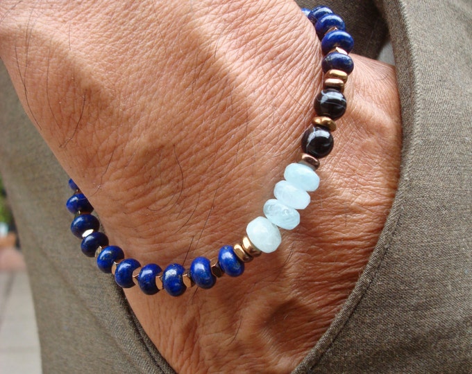 Men's Spiritual Protection Good Fortune Bracelet with Semi Precious Aquamarine, Lapis Lazuli, Onyx, Hematites
