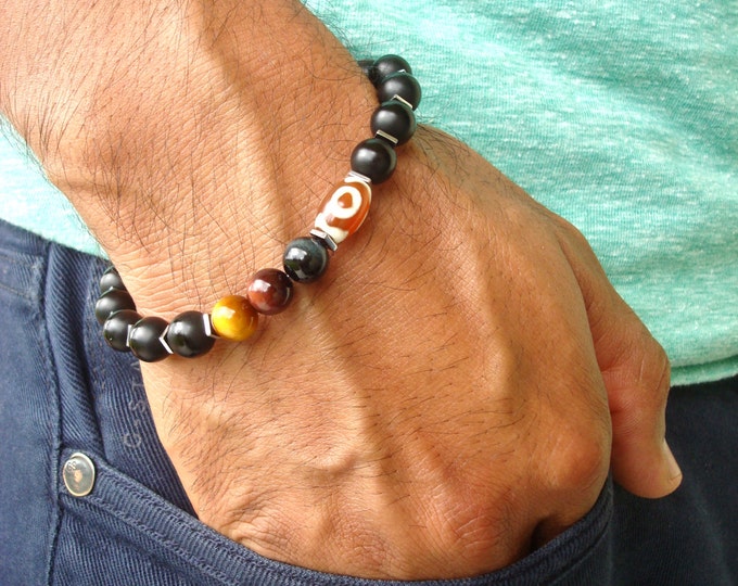 Men's Spiritual Tibetan  Protection Bracelet with Semi Precious Tri Color Tiger's Eye, Matte Onyx, Tibetan Fire Agate, Hematites - Yoga Man