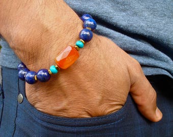 Men's Spiritual Protection, Love, Courage Bracelet with Semi Precious Fire Agate, Lapis Lazuli, Turquoise, Hematites - Love, Truth Bracelet