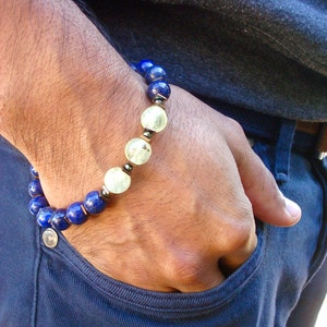 Men's Unconditional Love, Healing, Protection Bracelet with Semi Precious Prehnite, Lapis Lazuli, Hematites and Copper, Meditation Bracelet image 2