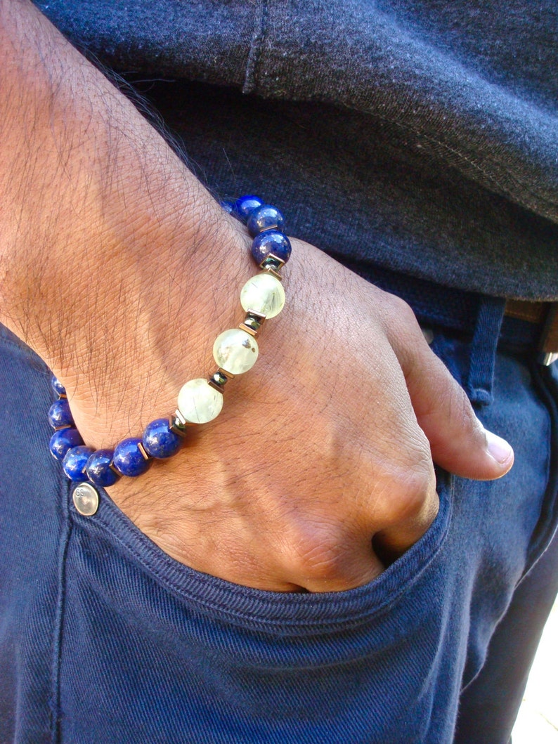 Men's Unconditional Love, Healing, Protection Bracelet with Semi Precious Prehnite, Lapis Lazuli, Hematites and Copper, Meditation Bracelet image 2