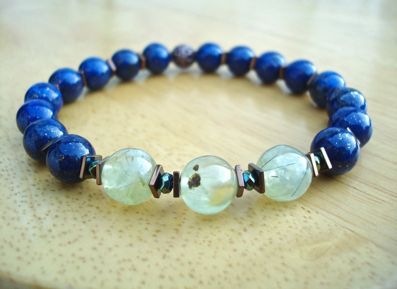 Men's Unconditional Love, Healing, Protection Bracelet with Semi Precious Prehnite, Lapis Lazuli, Hematites and Copper, Meditation Bracelet image 4