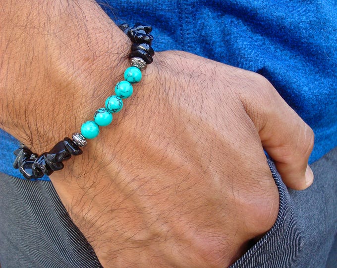 Men's Protection, Healing, Balance Bracelet with Semi Precious Black Jasper, Turquoise, Gunmetal - Boho Man Bracelet, Hipster Man Bracelet