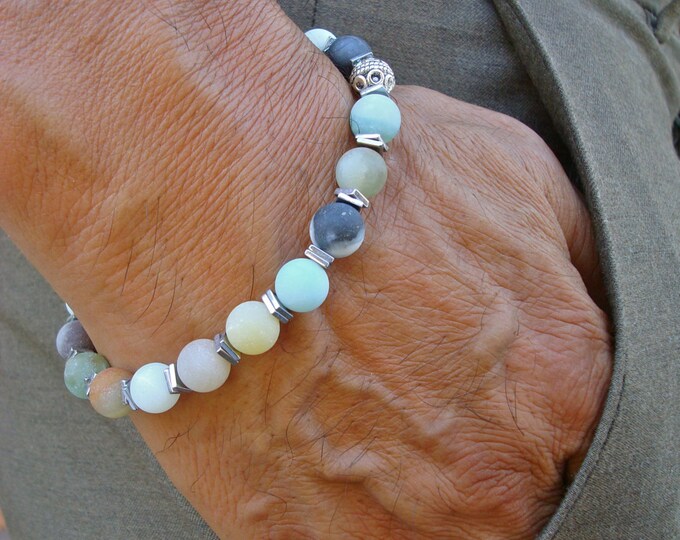 Unisex Spiritual Healing, Protection, Abundance, Success Bracelet with Semi Precious Matte Amazonites, Silver Hematites  and Bali Beads