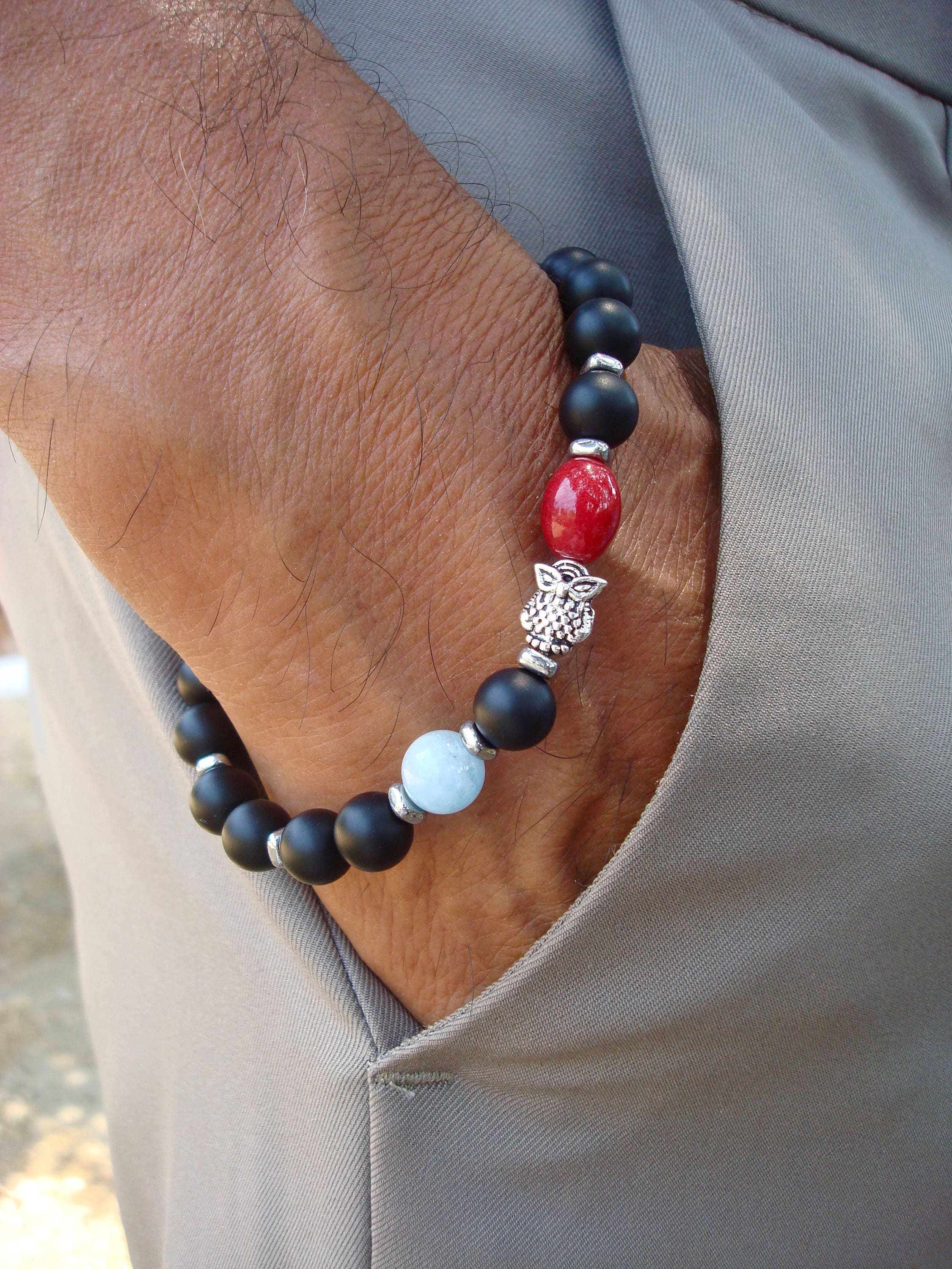 Men's Spiritual Protection, Tranquility, Fortune, Owl Wisdom Bracelet Semi Precious Aquamarine, 