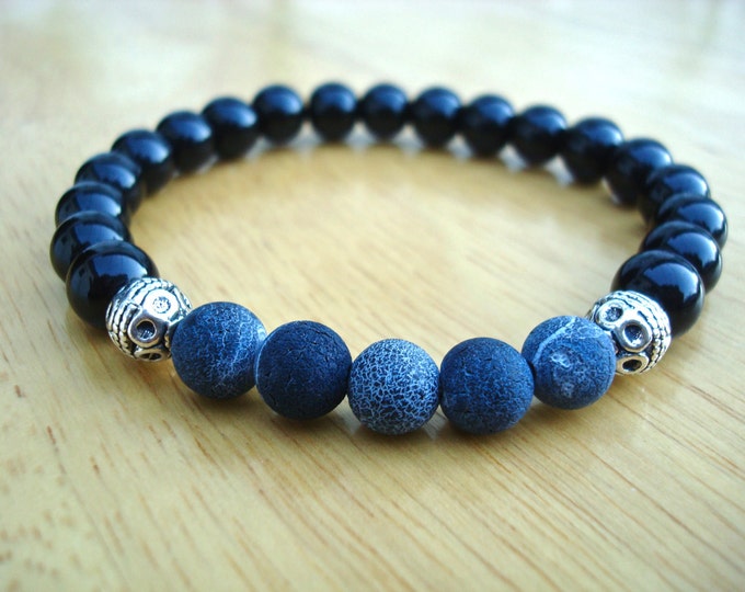 Men's Spiritual Healing, Love Protection Bracelet with Semi Precious Blue Matte Agates, Black Jasper, Bali beads - Classy Man Bracelet