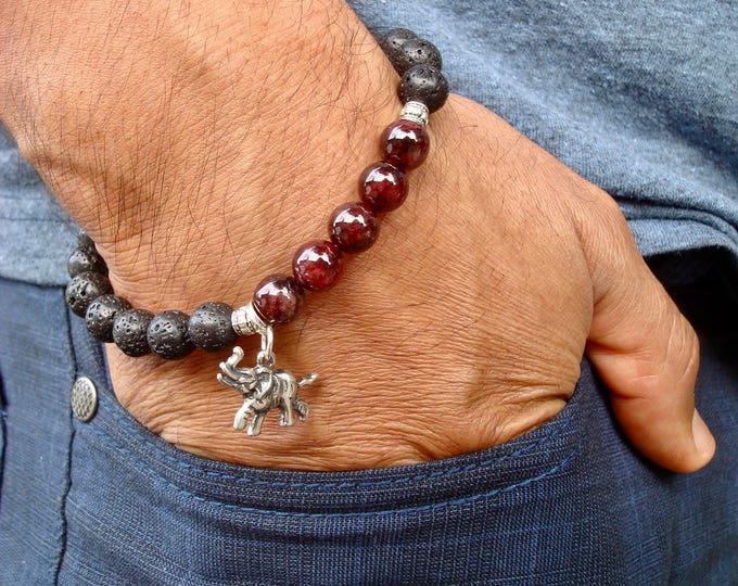Men's Spiritual Protection, Good Fortune Bracelet with Semi Precious Red Garnet, Black Lava, Bali Rondelles, Bali Elephant Charm