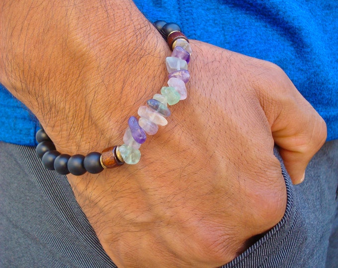 Men's Spiritual Healing, Protection, Abundance bracelet with semi precious Matte Onyx, Rainbow Fluorite, Wood and Brass Free Spirit Men