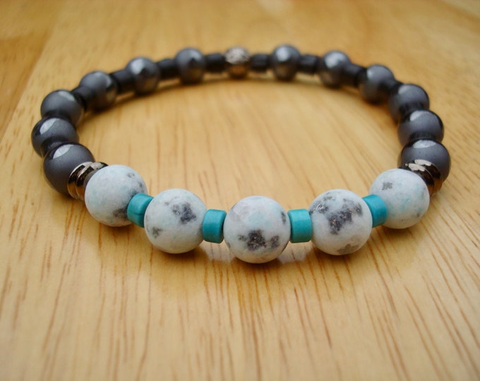 Men's Spiritual Protection, Nurture Bracelet - Semi Precious Turquoise, Matte Kiwi Jasper, Silver Hematites, Gunmetal and Wood Rondelles
