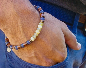 Men's Spiritual Healing, Love, Luck Protection Bracelet with Semi Precious Yellow Opal, Gray Quartz Wood, Brass - Free Spirit Man Bracelet