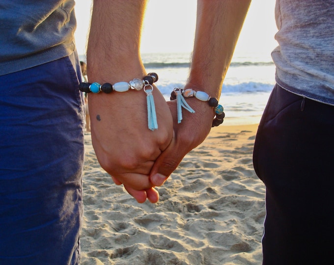 Love is Love Matching Bracelets, Protection, Hope, Fortune, Strength, Semi Precious Blue Imperial Jasper, Moonstone, Lava, Leather Tassel