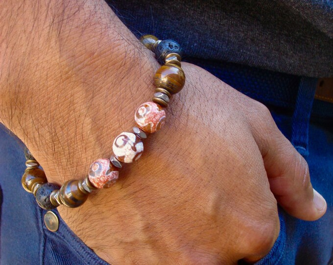 Men's Spiritual, Protection, Love and Fortune Bracelet with Semi Precious Terracotta Tibetan Eye Agates, Tiger's Eye, Hematites, Lava, W