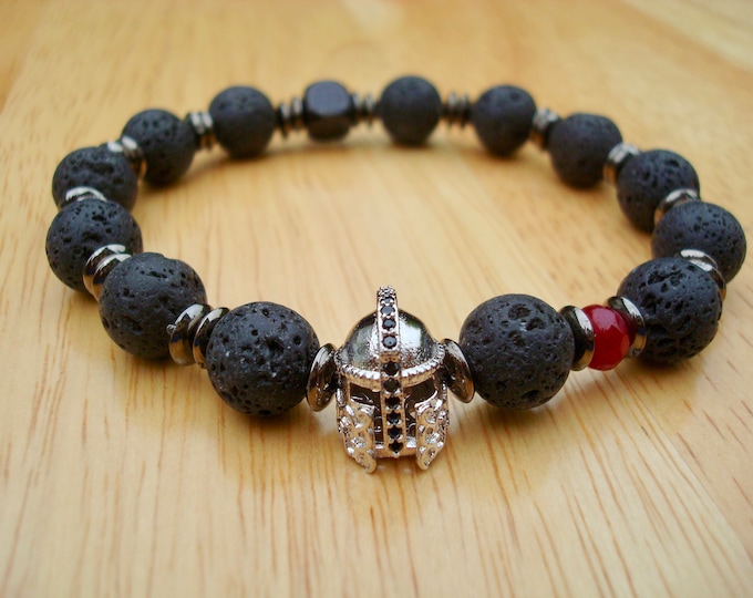 Spartan Warrior Men's Bracelet - Black Lava, Semi Precious Ruby Jade, Pave with Black CZ Spartan Mask, Gunmetal Rondelles, Wood- Spartacus