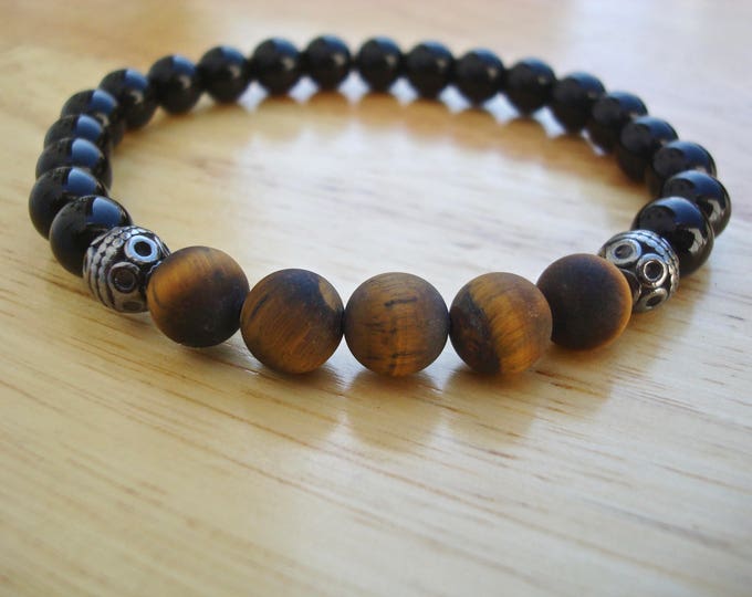 Men's Spiritual Protection, Fortune, Healing Bracelet with Semi Precious Matte Tiger's Eye, Black Jasper, Bali beads - Classy Man Bracelet